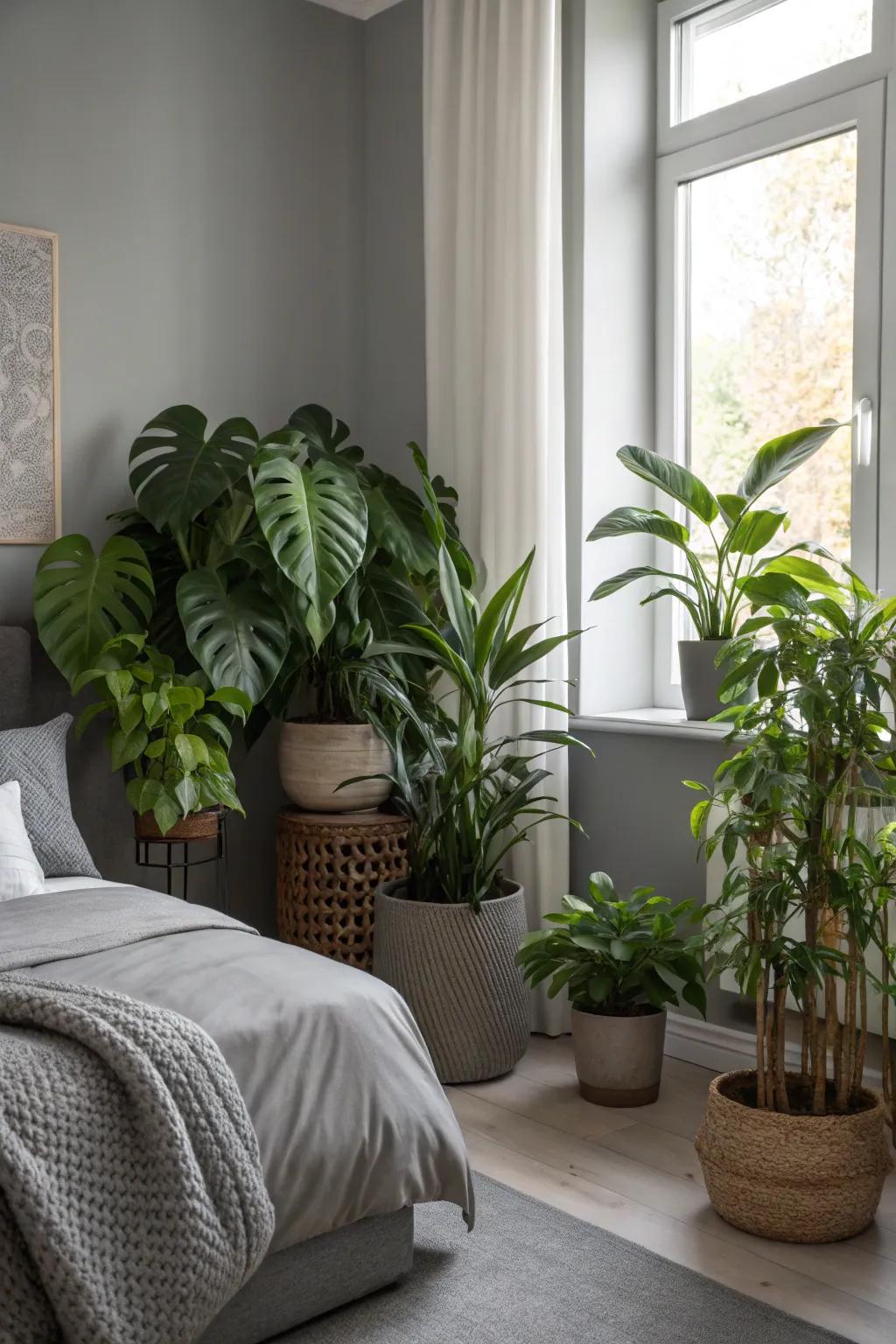 A vibrant array of flora infuses vitality into a serene gray environment.