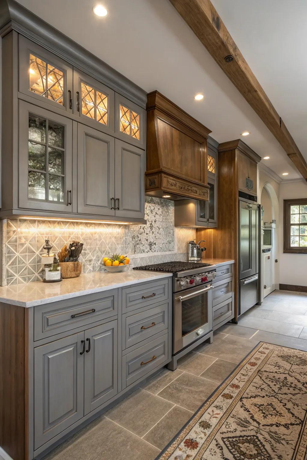 A cross-style kitchen exhibiting the versatility of gray cabinets.