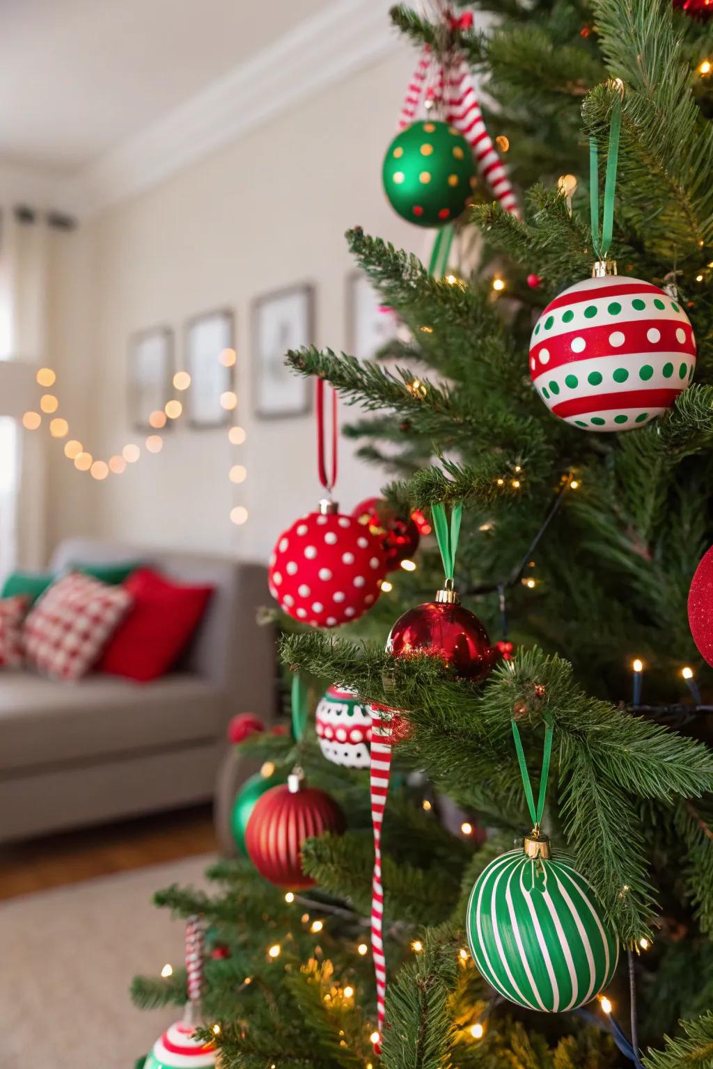 A lively Christmas tree with playful red and green patterns.