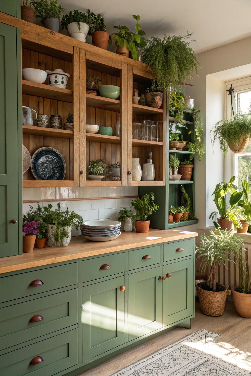 Open shelving with green cabinetry develops a ventilated cooking area feeling.