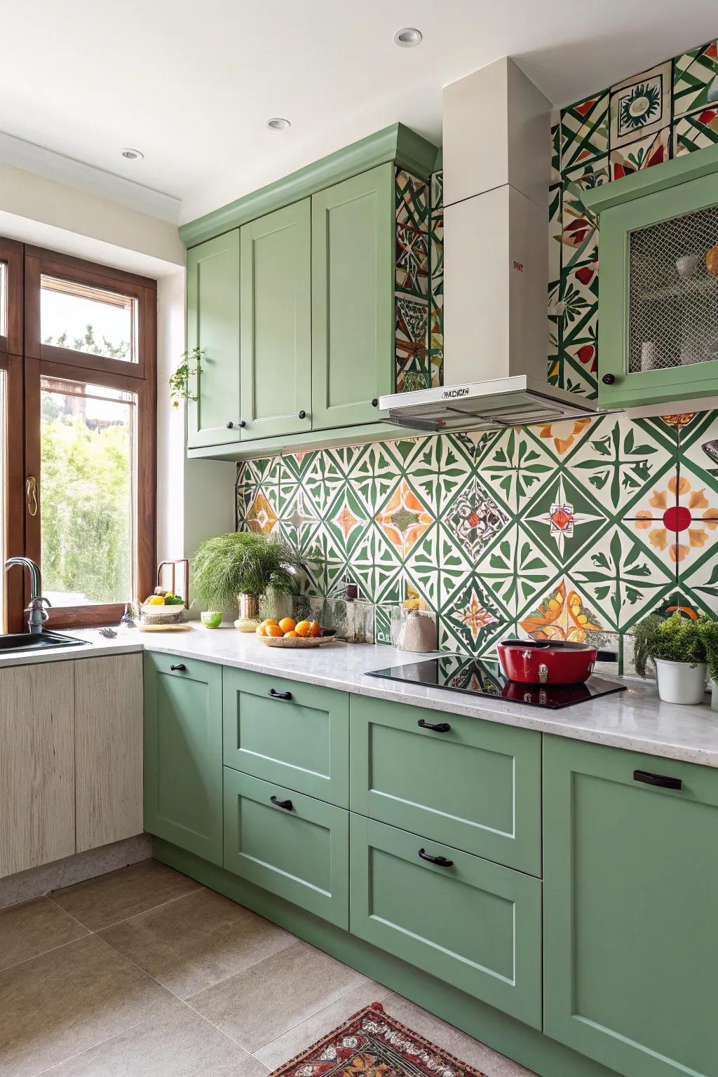 A dramatic backsplash forming the focal point in a green kitchen.