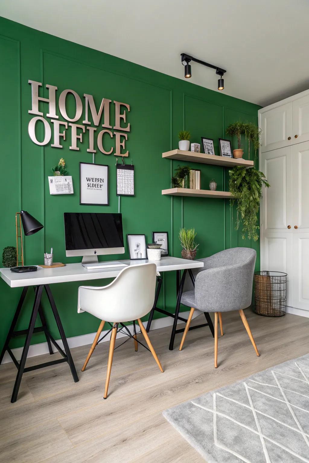 A home office where a green wall functions as a bold graphic centerpiece for signage.