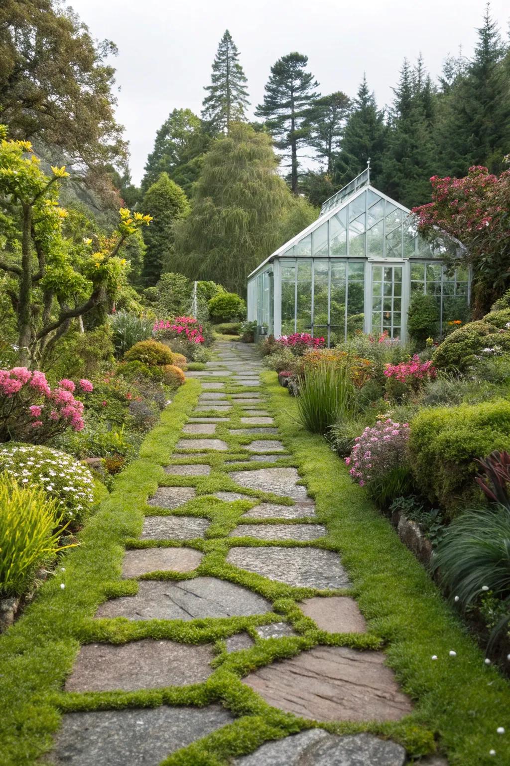A meandering garden path invites exploration of the greenhouse.