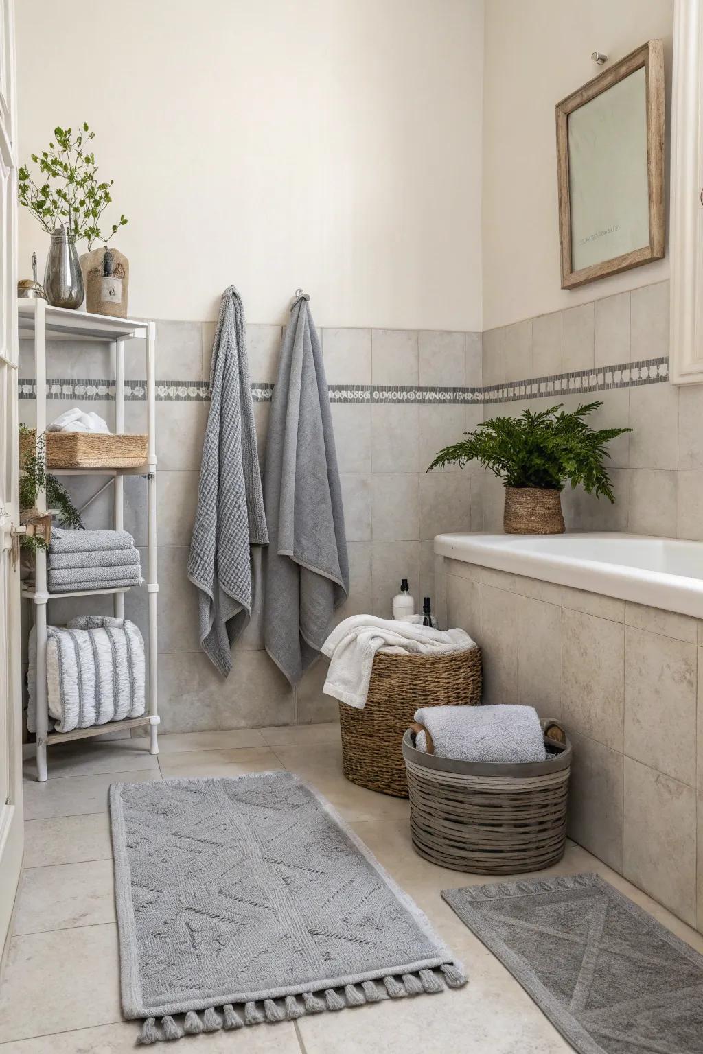 Grey touches harmonize and balance bold features in this chic bathroom.