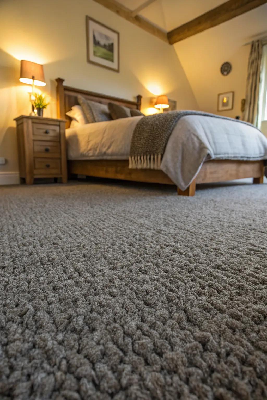 A textured wool grey carpet gives additional warmth and luxury to the bedroom.