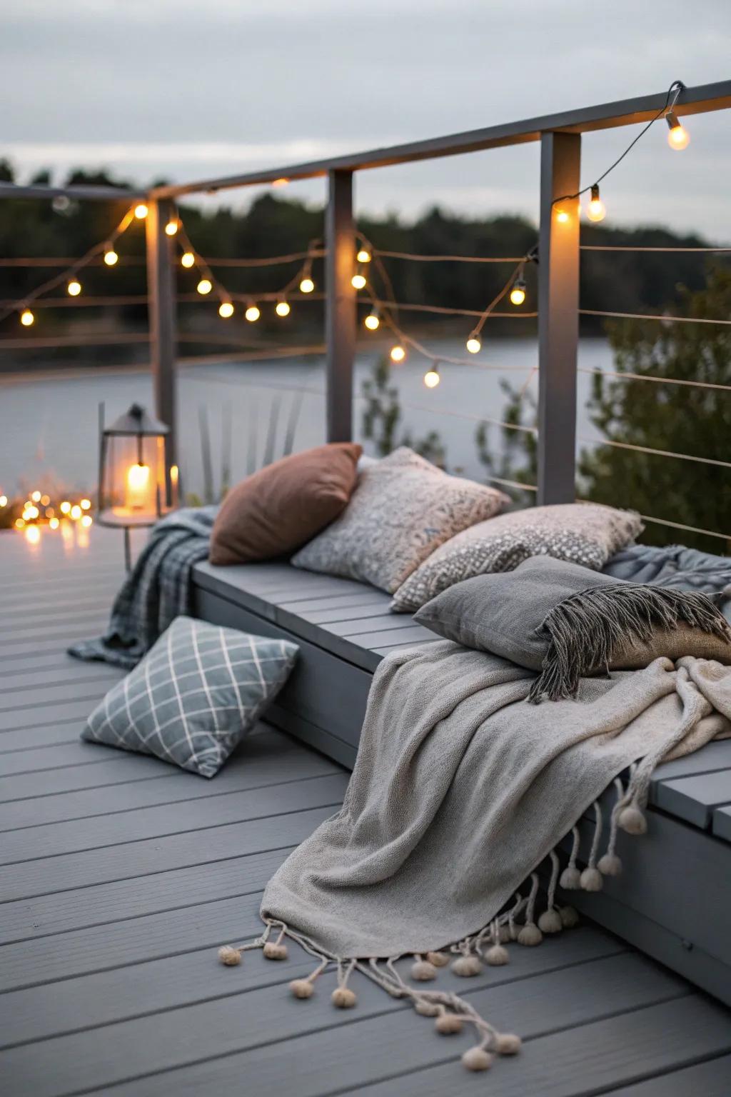 Cozy grey deck illuminated by ambient string lights.