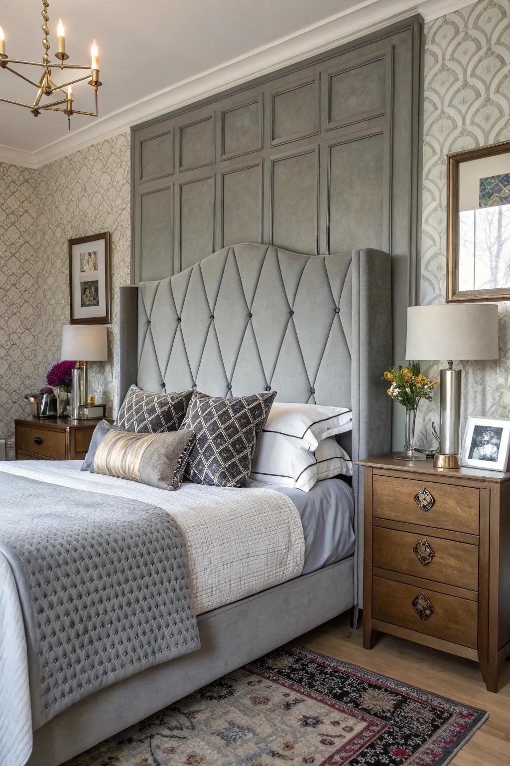 A bedroom that seamlessly blends modern and classic elements with a grey headboard.