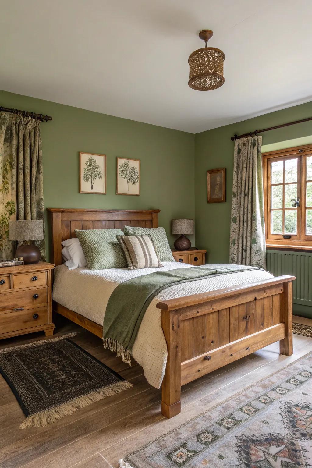 A guest room featuring down-to-earth avocado green for a grounded atmosphere.