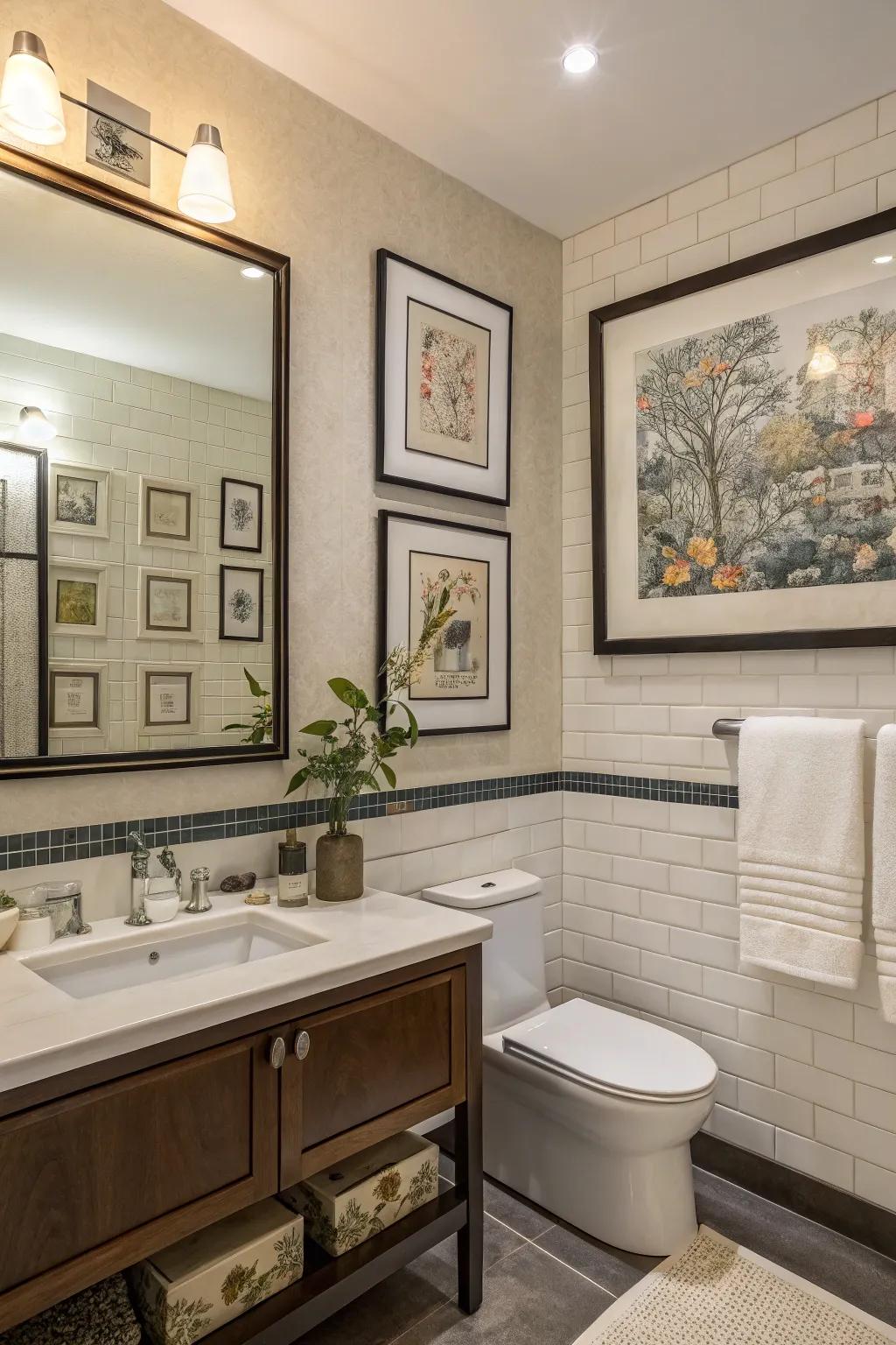 Framed artwork personalizes this bathroom.
