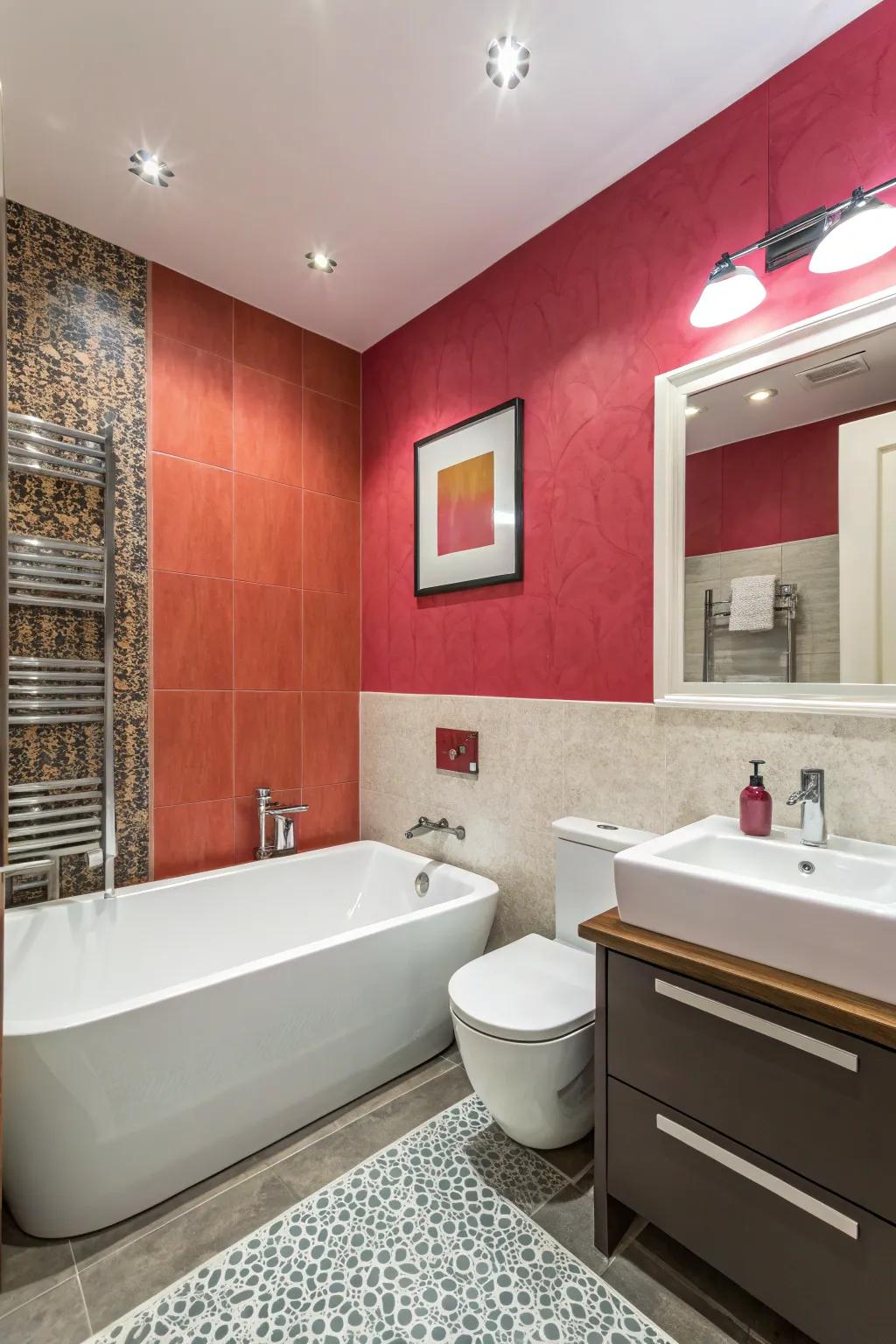 An accent wall infuses drama, swiftly becoming a focal element within a hall bathroom.