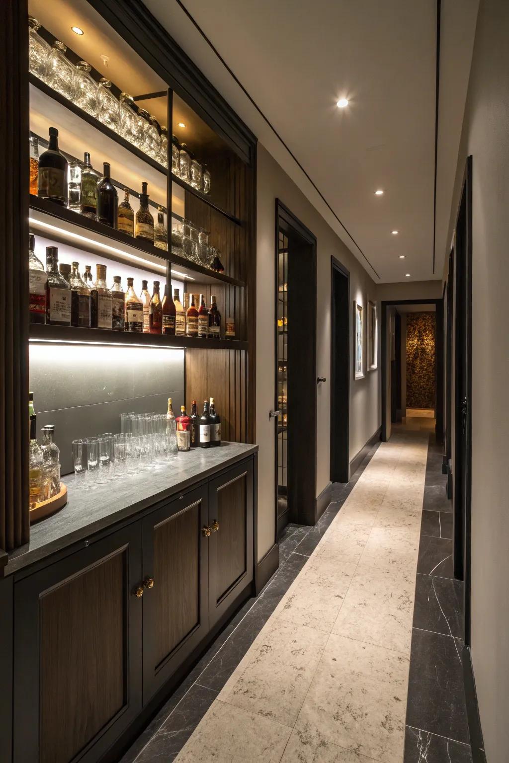 A hidden bar can be a delightful and unexpected feature in your hallway.