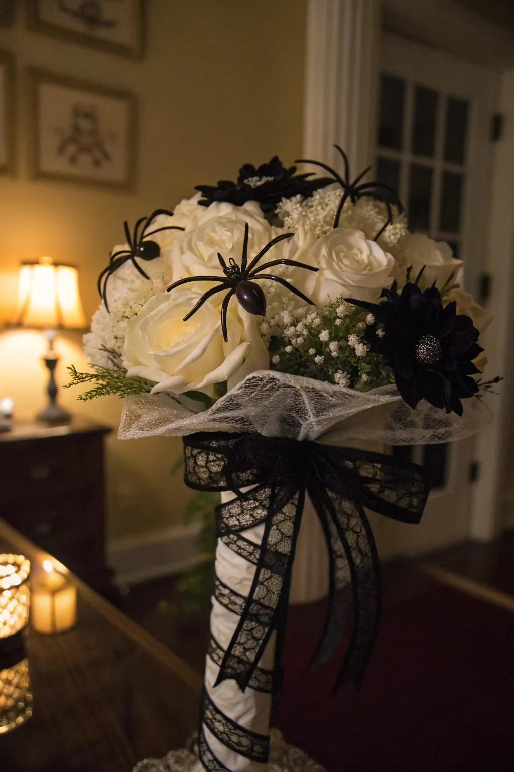 Eerie crawlers and lacework fashion a chillingly chic Halloween bouquet.