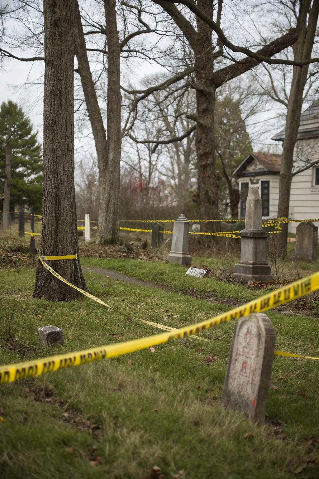 An eerie yard featuring hazard tape and tombstones.