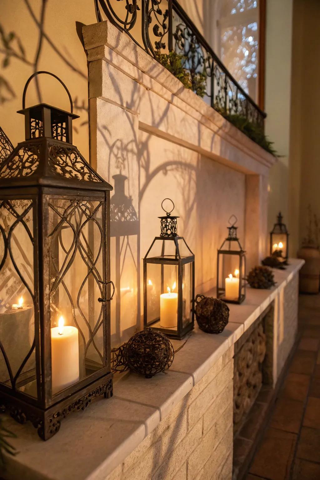 Lanterns housing candles engender mesmerizing light designs.