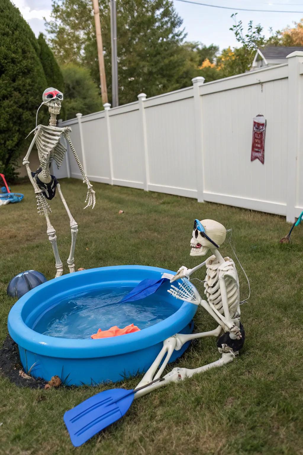 Snorkeling skeletal figures convey a quirky littoral vibe to your Halloween décor.