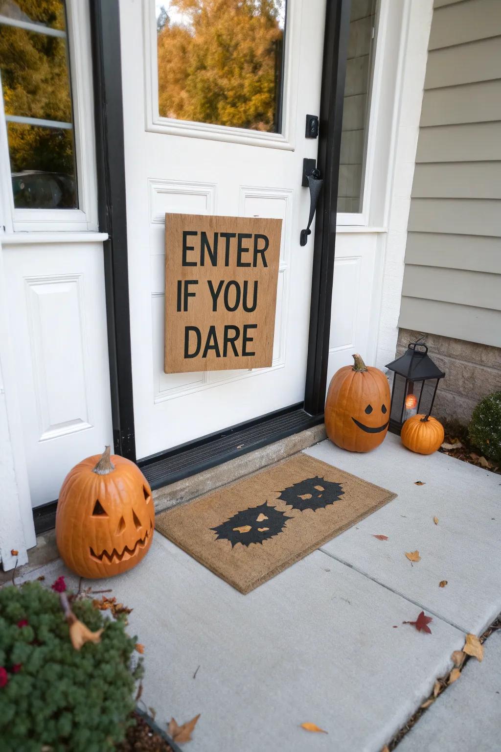 A vinyl door mat establishes the All Hallows' Eve ambiance from the doorstep.