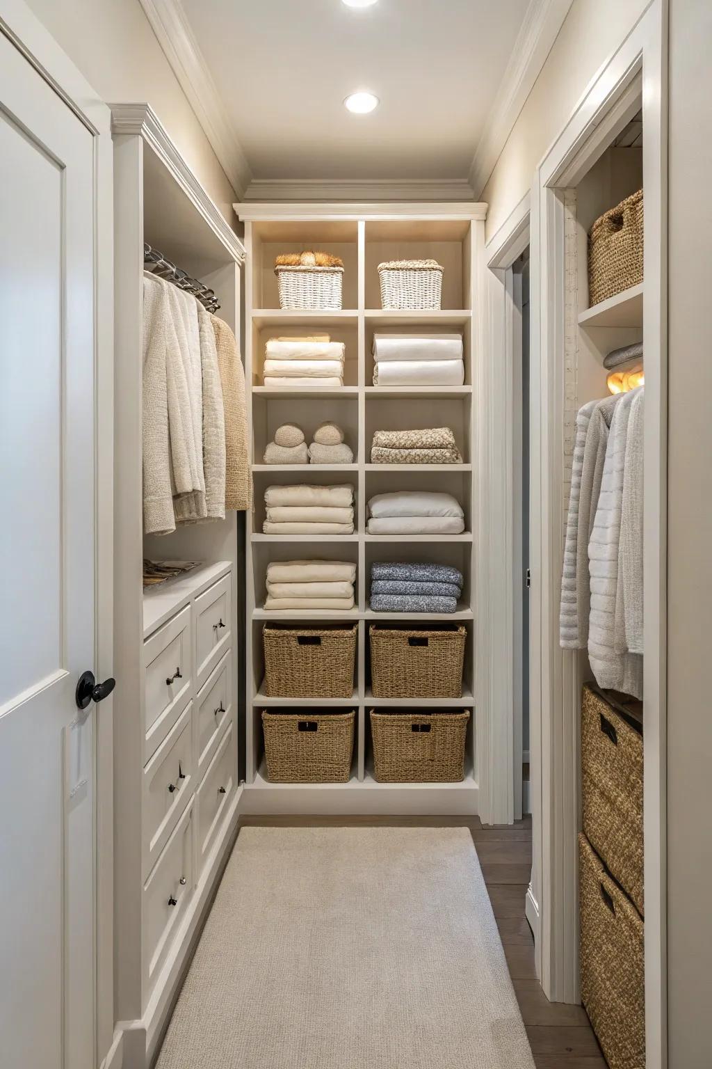 A linen section in a hallway closet that presents neatly arranged shelves.