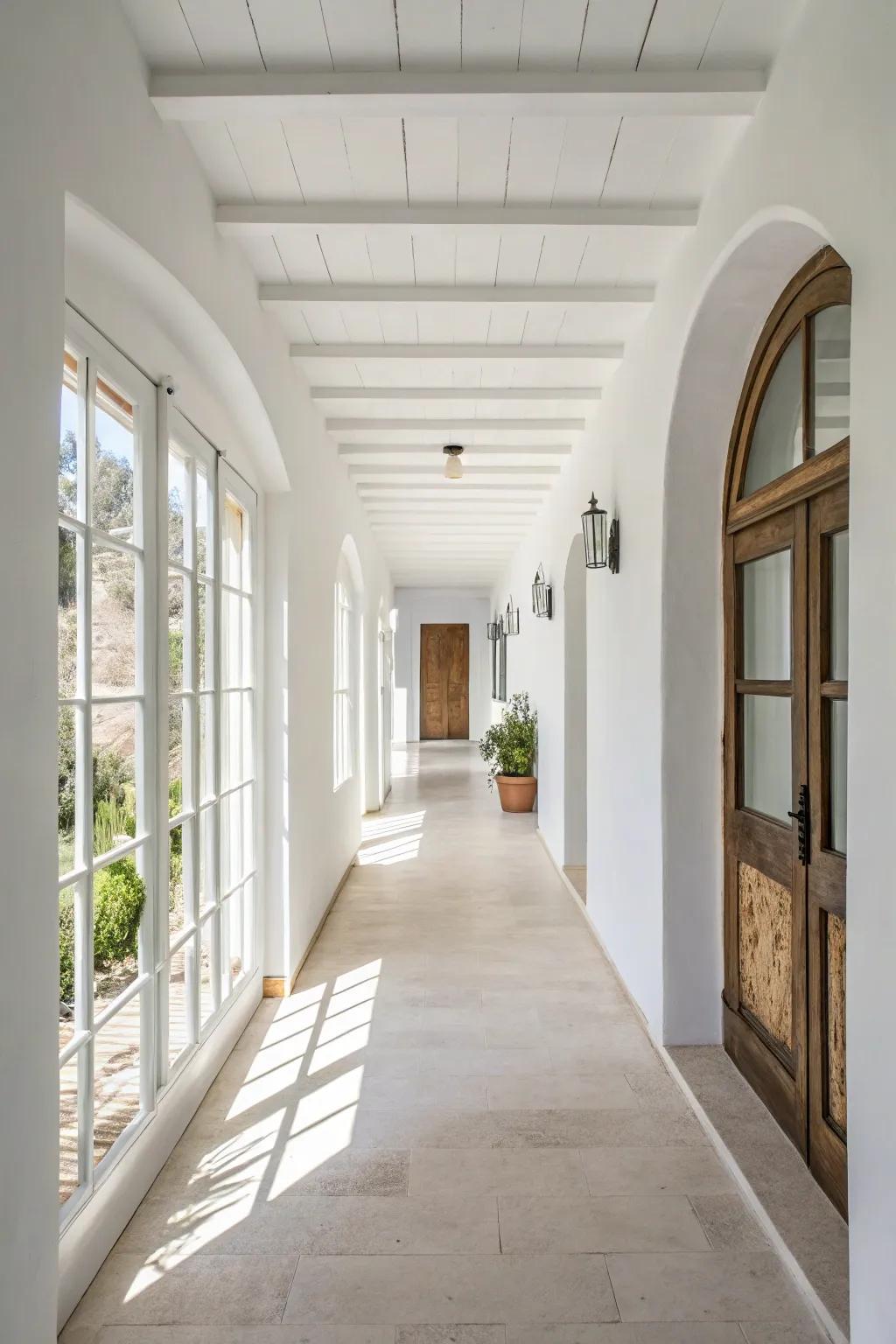 White walls offer a spotless and breezy aesthetic, ideal for brightening hallways.