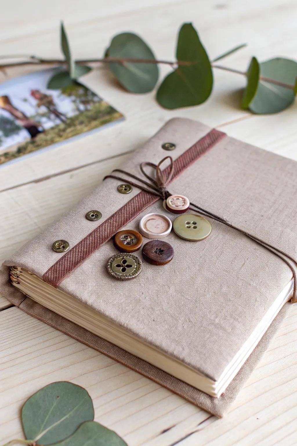 Embrace the charm of mismatched vintage buttons for a singular journal enclosure. Impeccable for imbuing a whimsical nuance into your writing sanctuary.