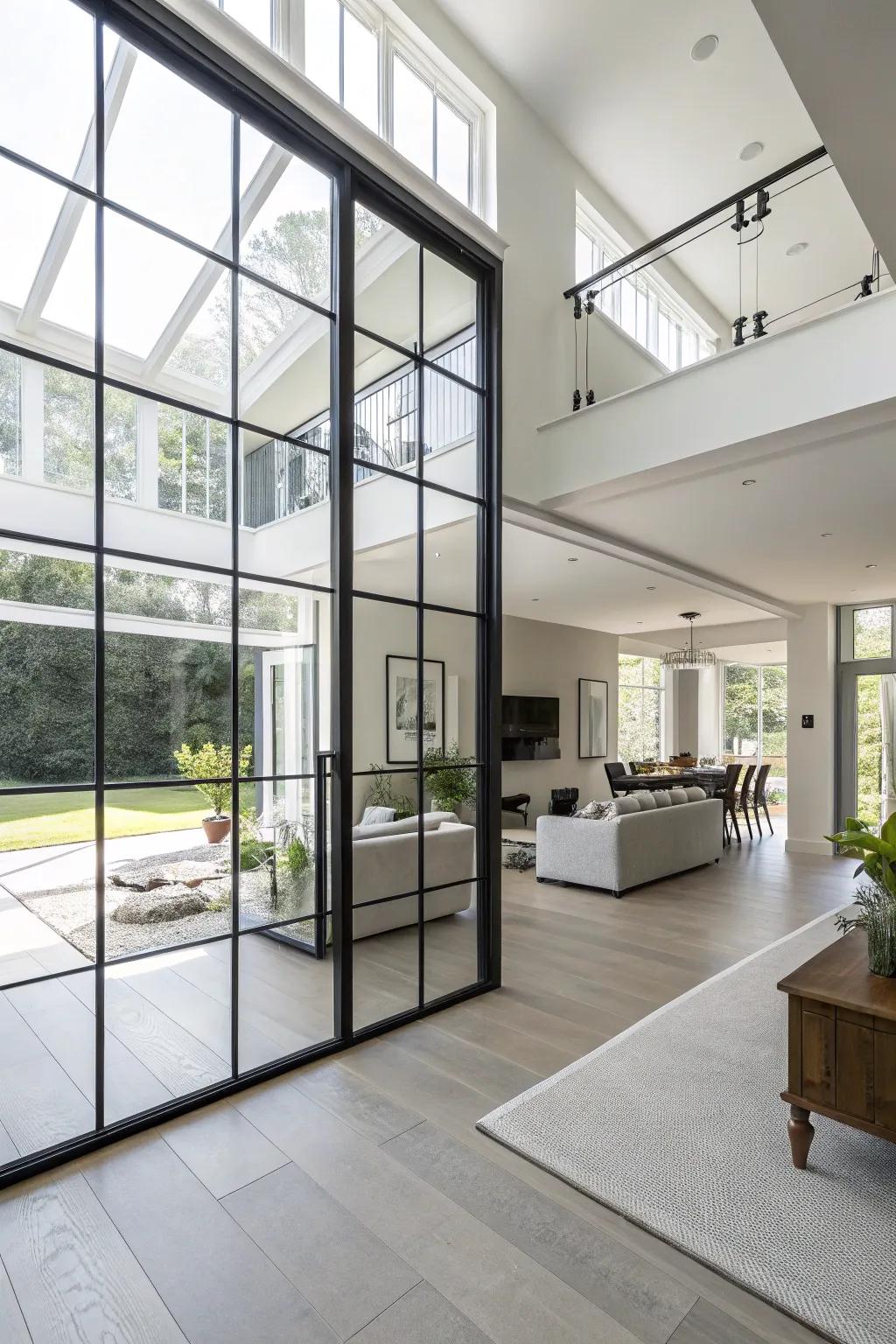 Glass panels maintain openness while providing separation.
