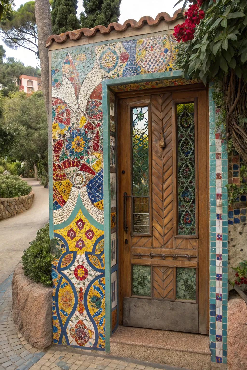 Mosaic tiles imaginatively conceal an outside door.