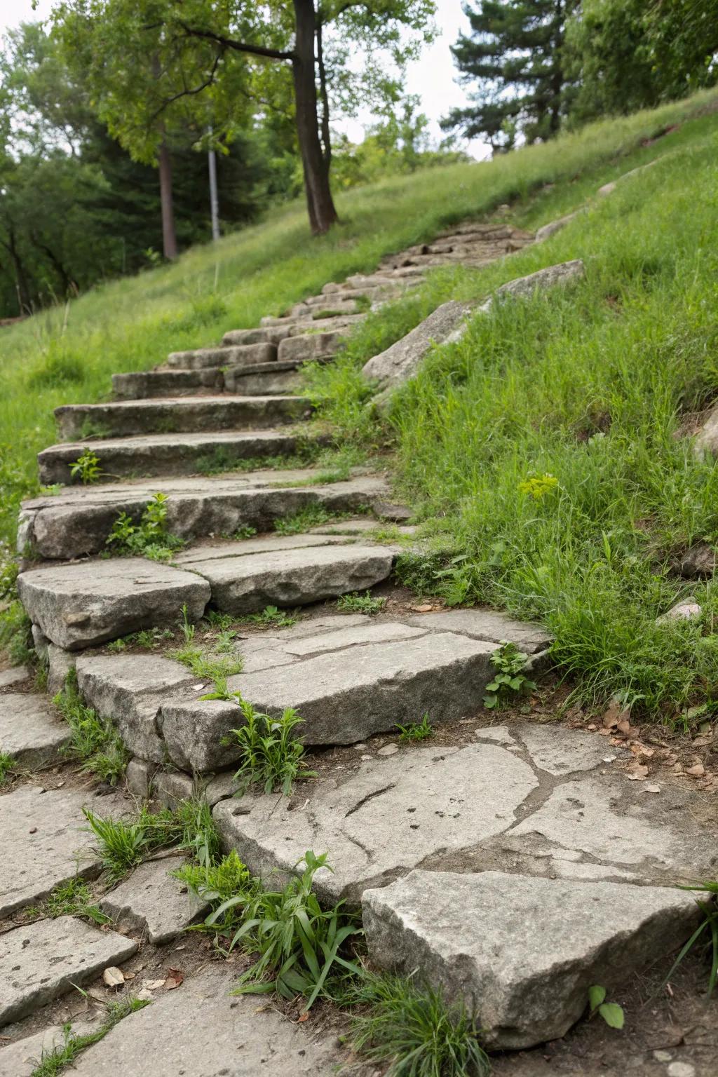 Upcycled concrete steps offer sustainability and style.