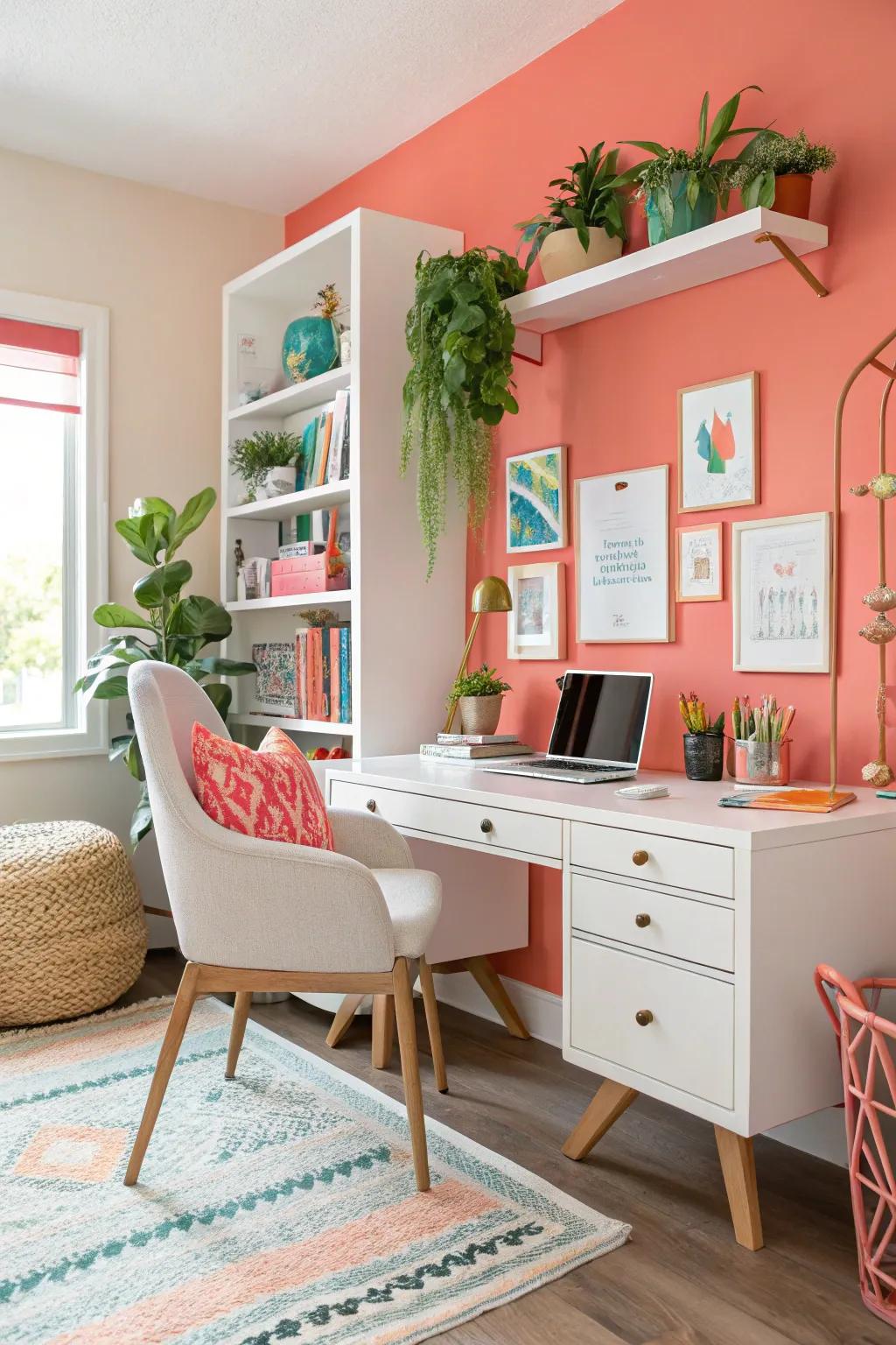 Cerise partitions convey playfulness and radiance to this personal office.