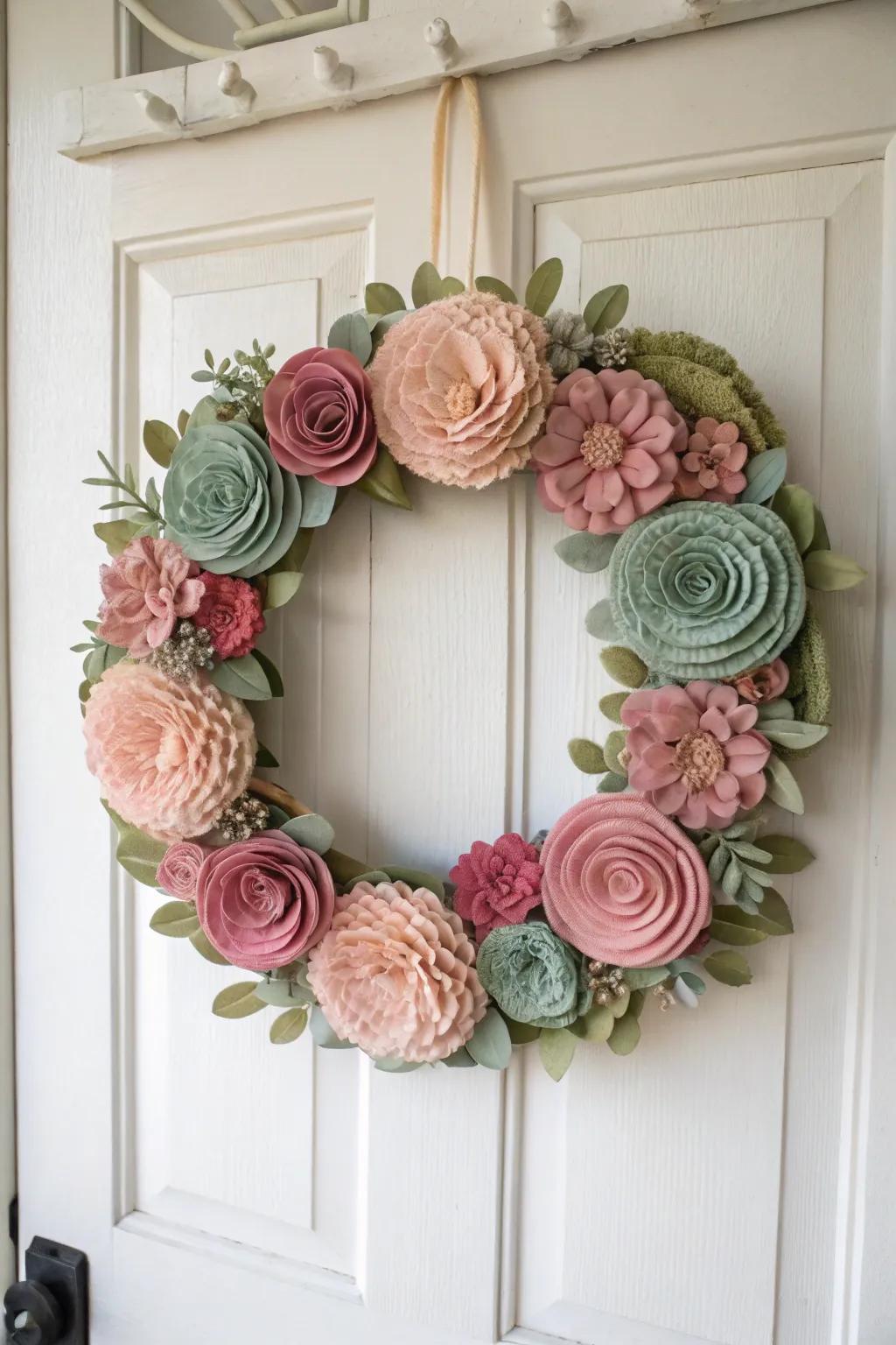 Infuse a dash of color and charm into your doorway with this handcrafted fleece bloom wreath, a refined combination of simplicity and sophistication.