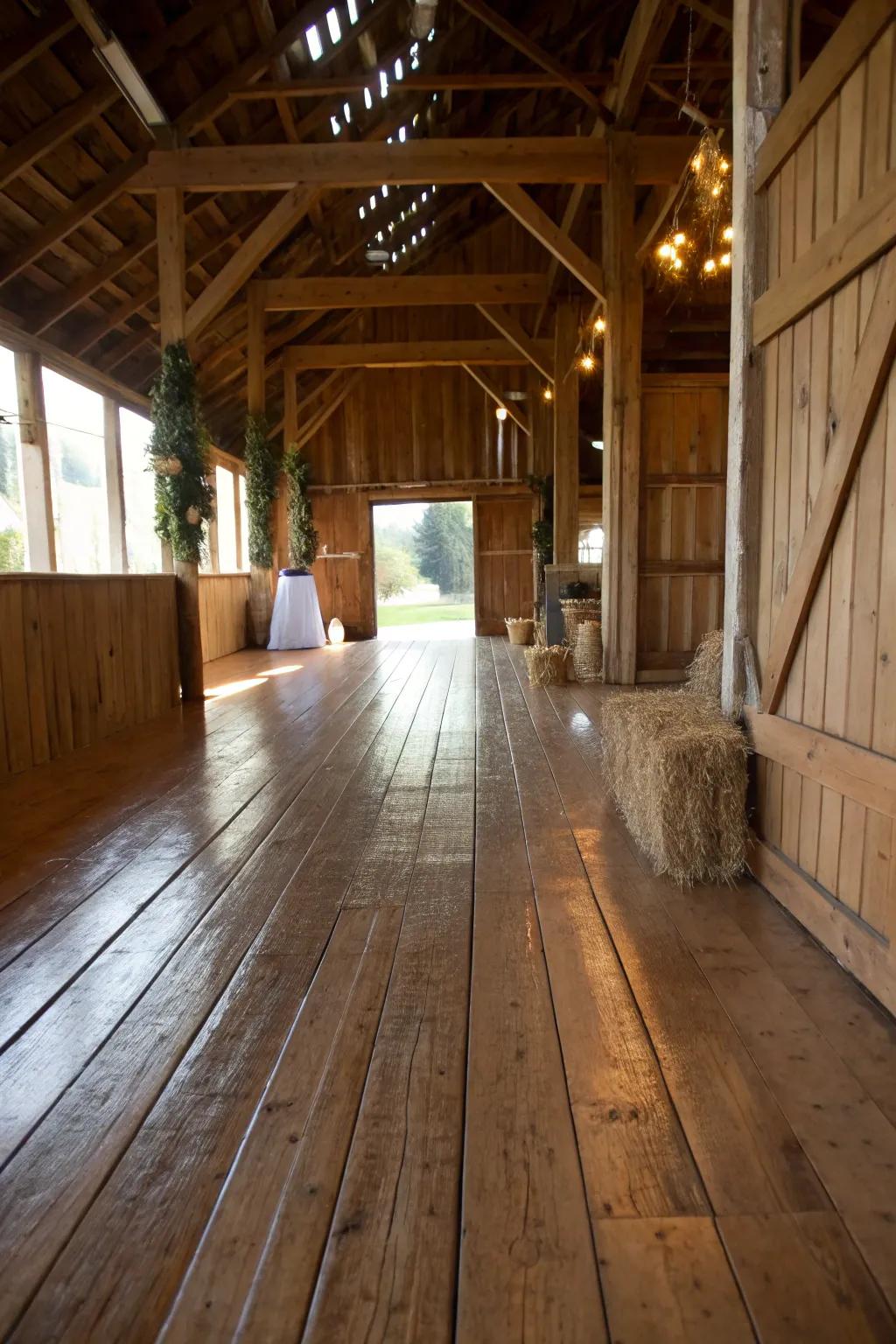 Wood flooring adds a hint of rustic warmth and charm to barn walkways.