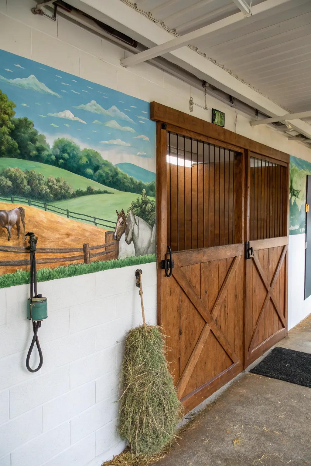 Creative wall art transforms stall walls into captivating works of art.