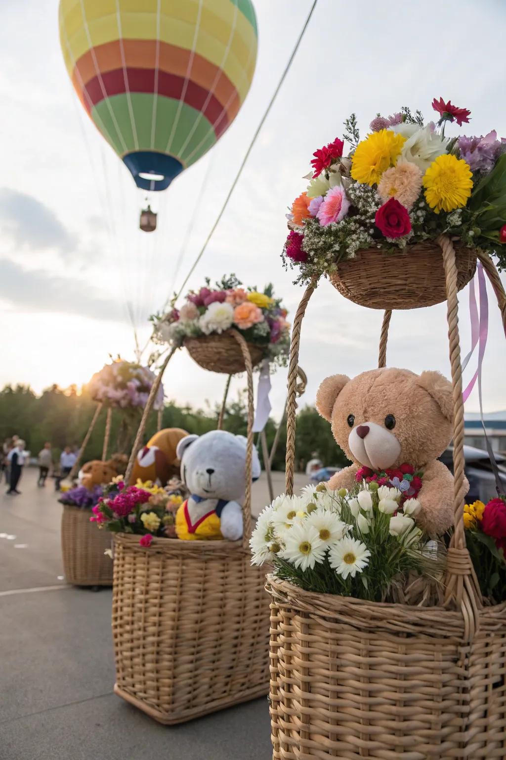 Wicker containers inventively employed as decorative hot air balloon details.