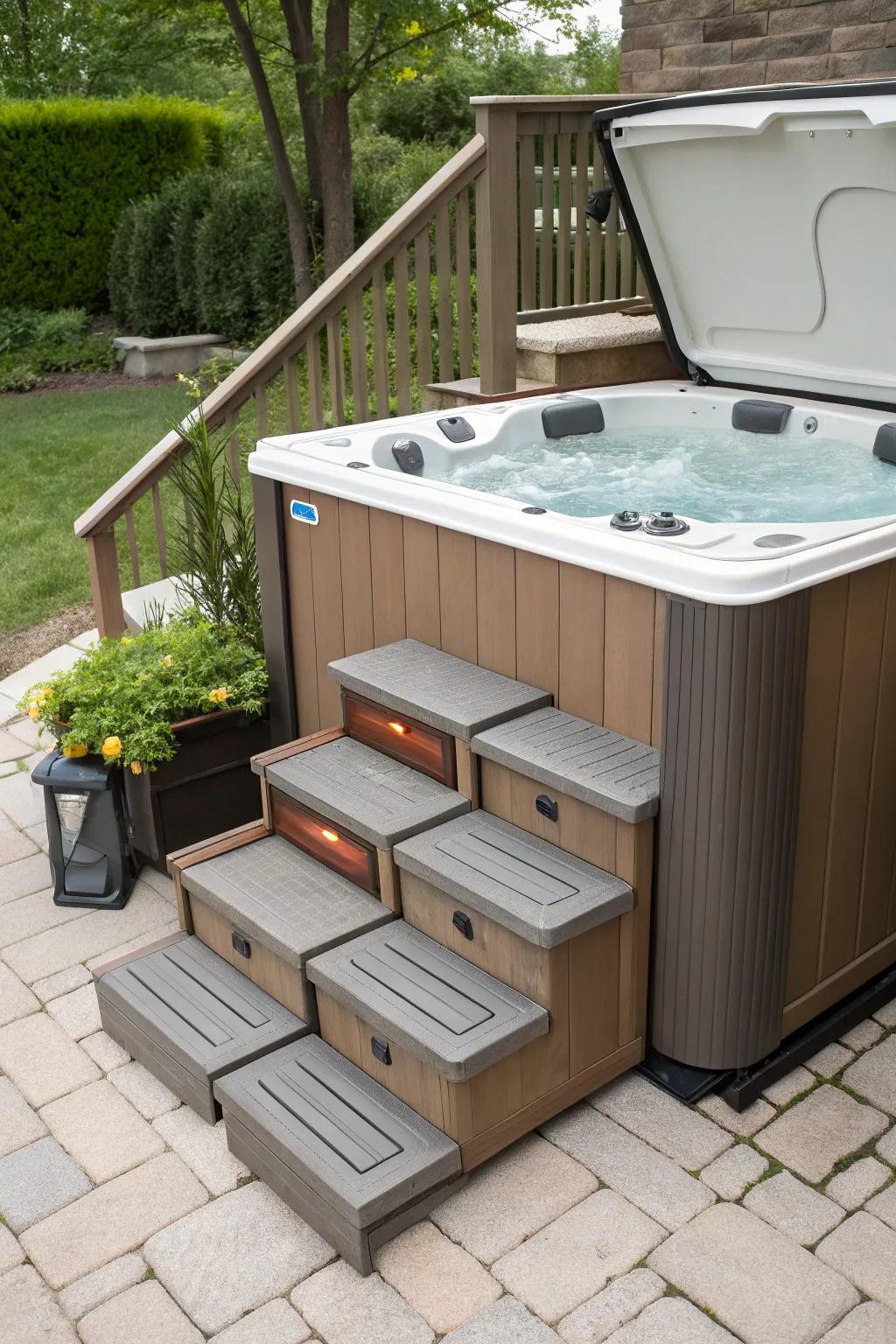 Functional steps and storage enhance the <strong><em>hot tub</em></strong> experience.” loading=”lazy” class=”pimg”>
	</picture><figcaption>Functional steps and storage enhance the <strong><em>hot tub</em></strong> experience.</figcaption></figure>
<p>Consider steps for effortless entry and storage answers for towels and provisions. I find that functional additions like these make utilizing the <strong><em>hot tub</em></strong> a breeze.</p>
<h3>You might like:</h3>
<ul class=