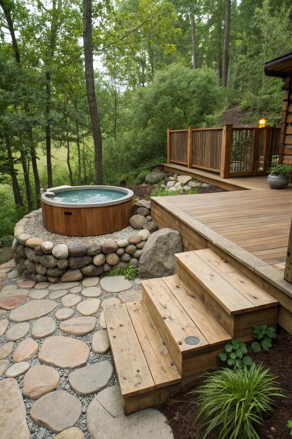 Down-to-earth allure with stone and timber cultivates a cozy atmosphere.