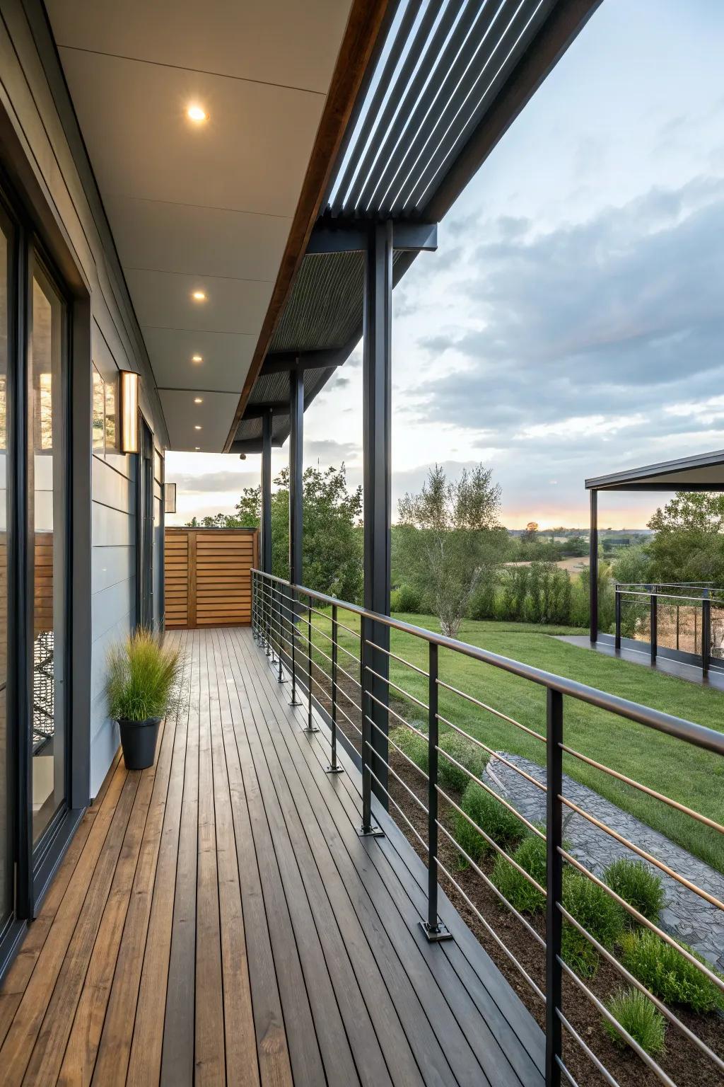 Combining finishes like wood and metal adds depth to this porch.