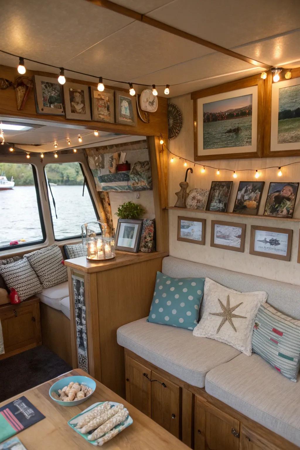 The houseboat has a warm, homey atmosphere thanks to the personal touches.