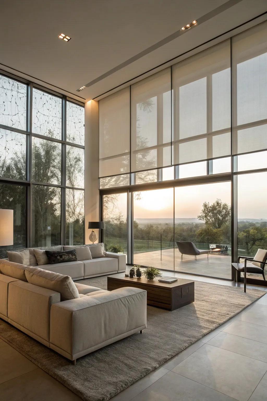 Colored panes offer a sleek and permanent option for light management.