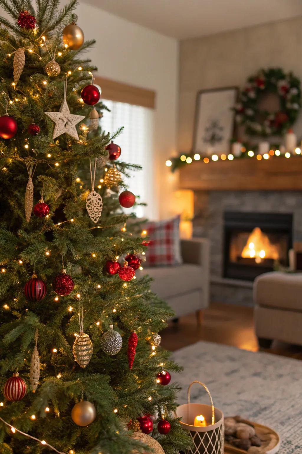 An eco-friendly Christmas tree showcasing sustainable decorations and LED lights.