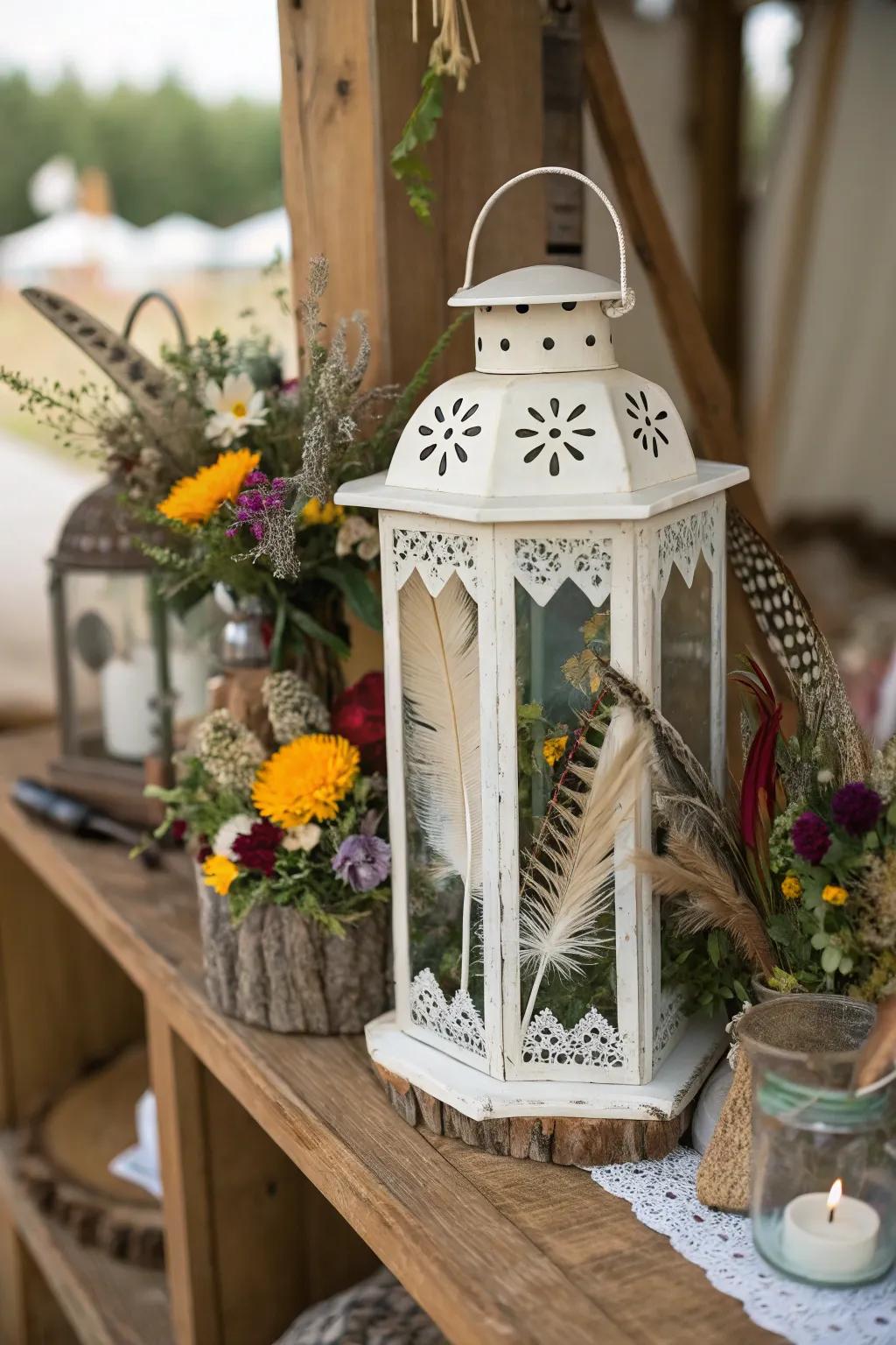 Eclectic bohemian lantern adorned with feathers and wildflowers.