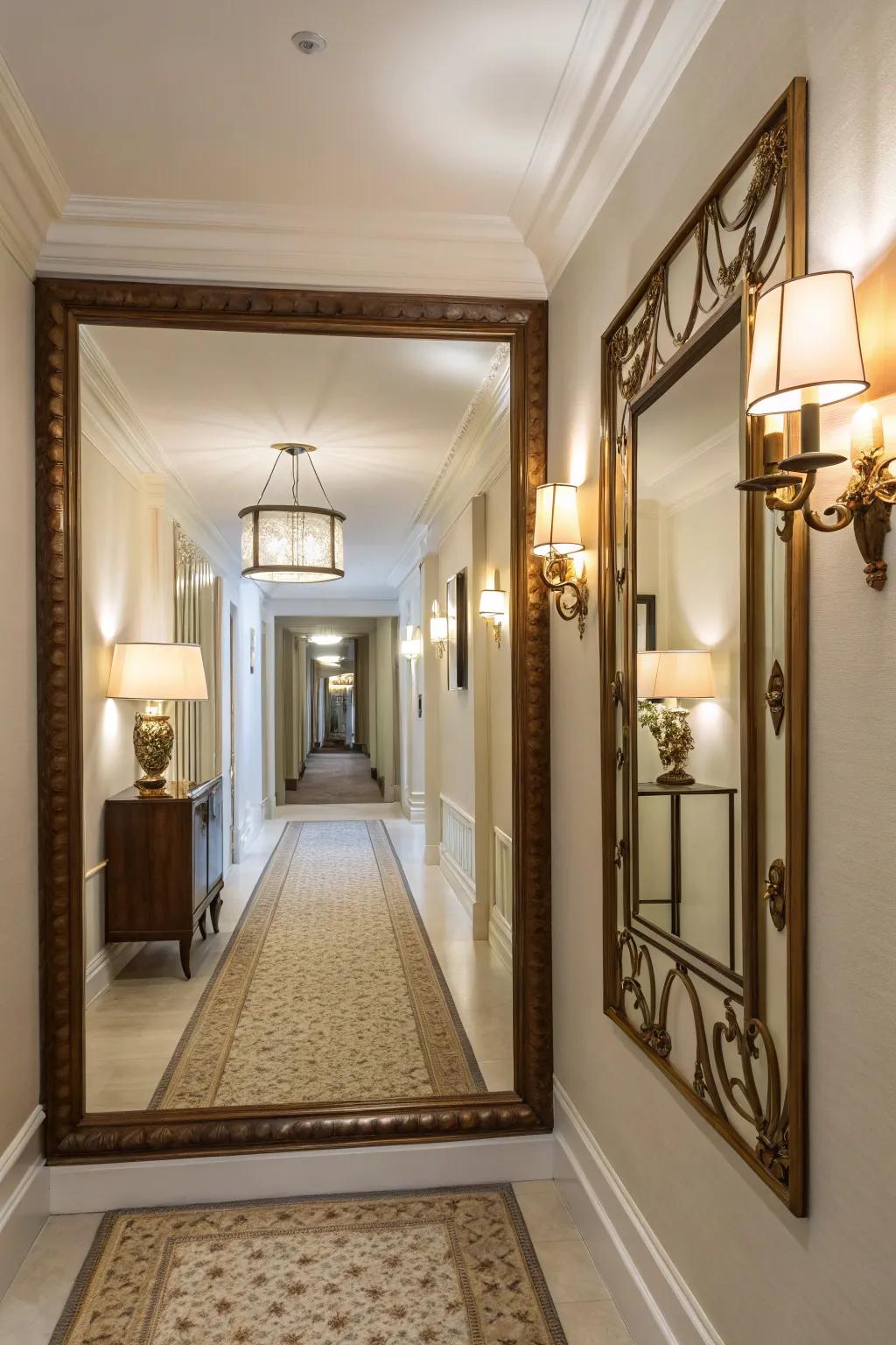 Lighting enhances the reflective beauty of mirrors.