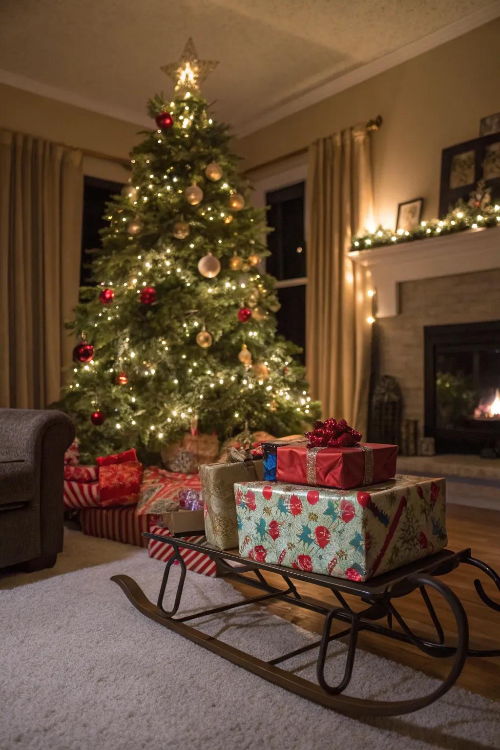 A snug holiday scene showcasing a sled and holiday tree