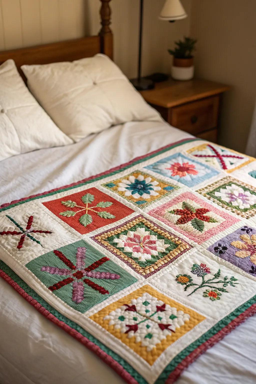 Piecework quilts with cross-stitch add a personal touch to bedding.