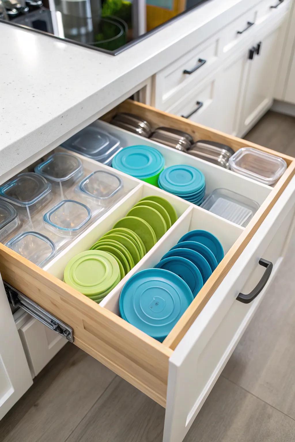 A kitchen drawer featuring tension rods, organizing plastic lids efficiently.
