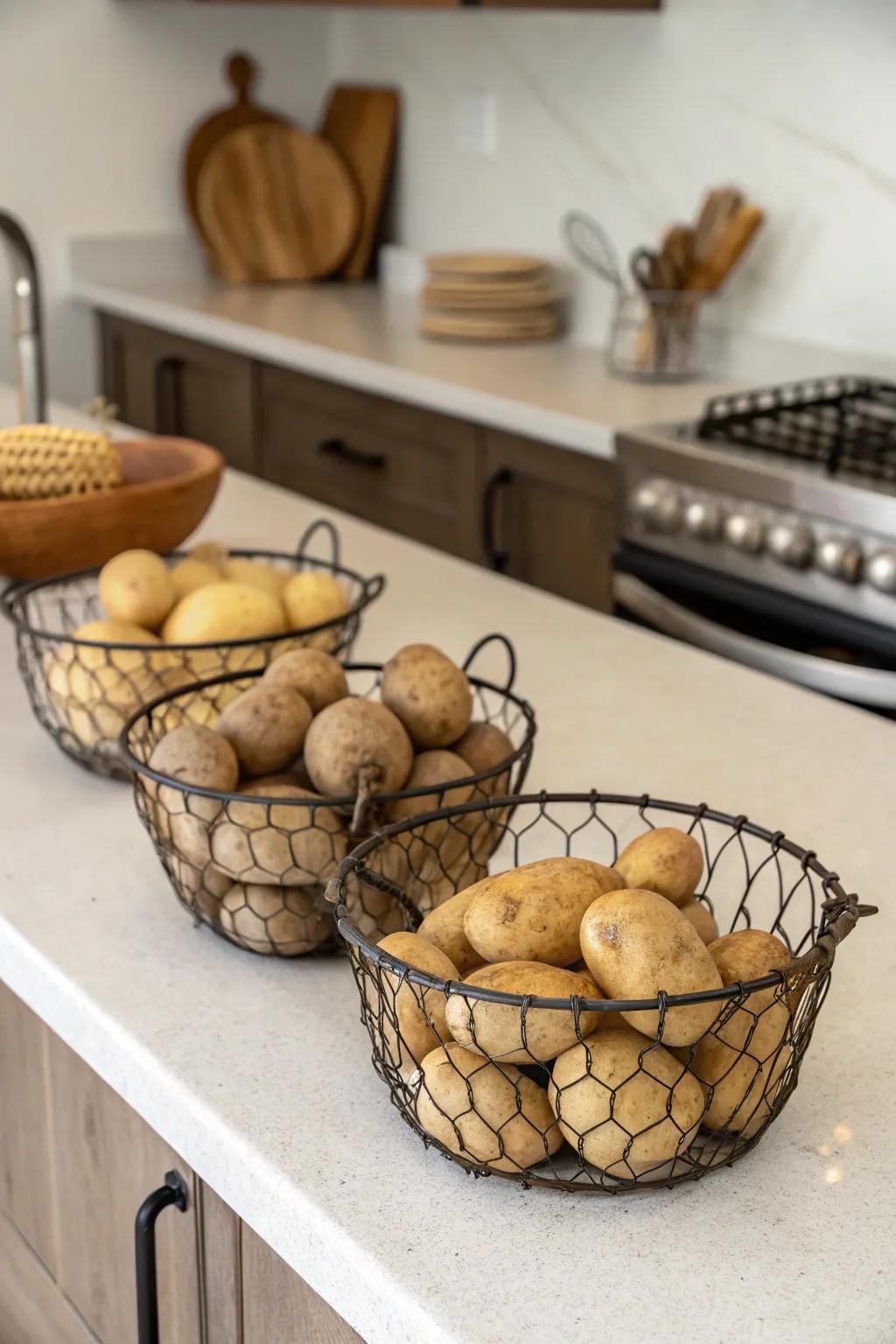 Trendy metallic mesh baskets suited for keeping veggies neatly.