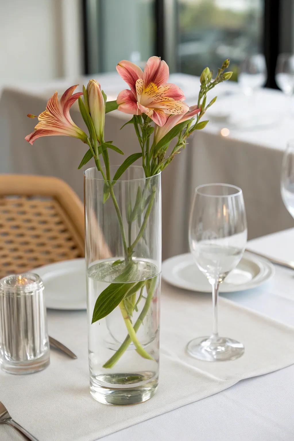 A singular stemless flower buoying in a wind-resistant holder radiates a sleek and elegant aspect.
