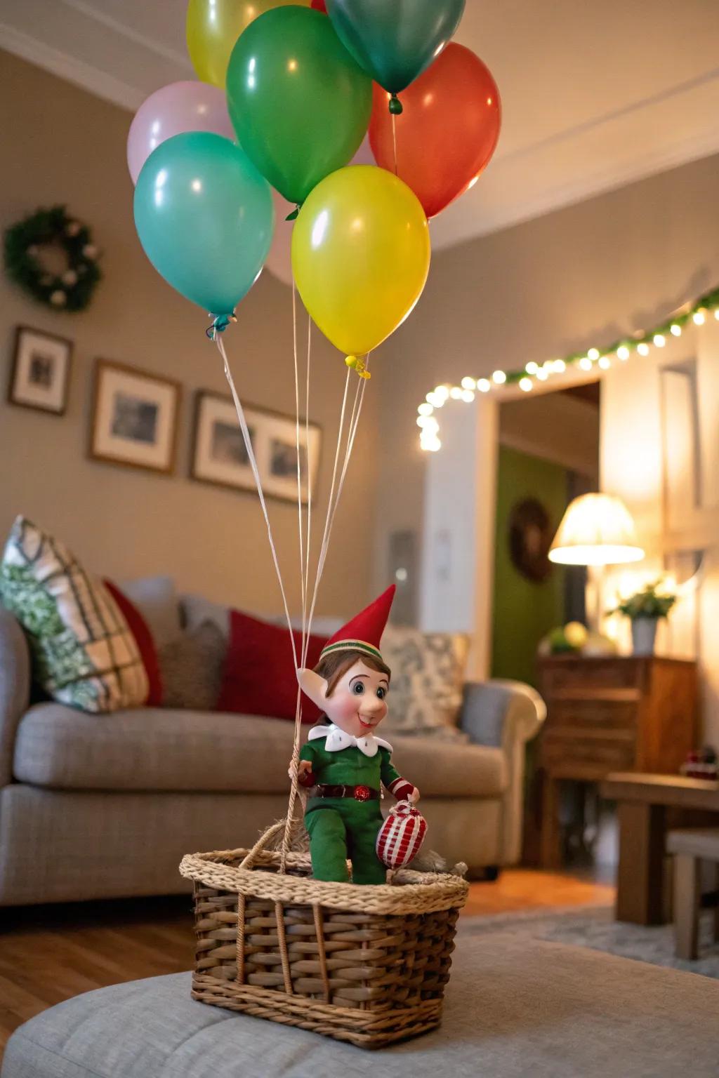The elf makes a dramatic entrance with a balloon-assisted landing.