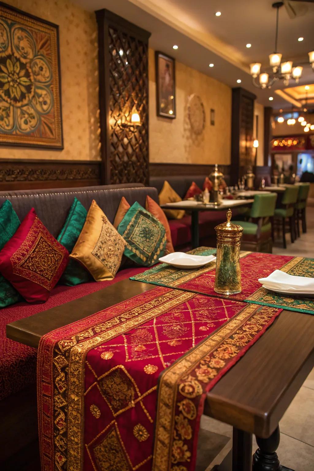 Indian restaurant featuring rich textiles like silk cushions and table runners.