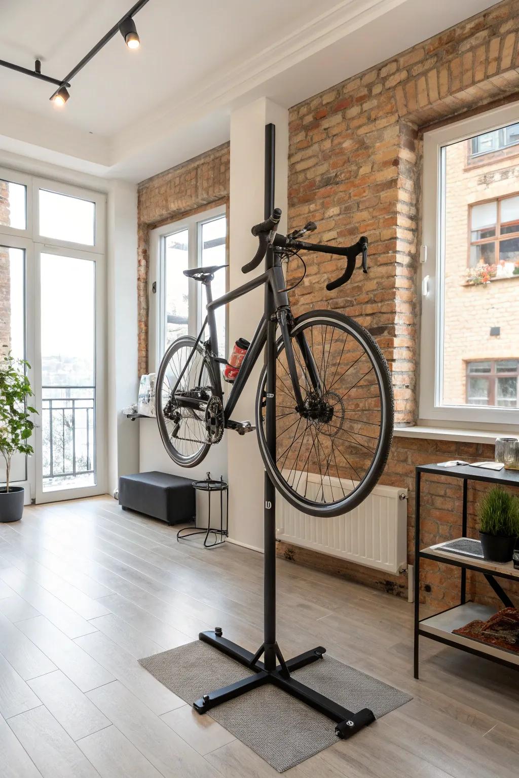 A freestanding vertical mount provides a portable bike storage option.