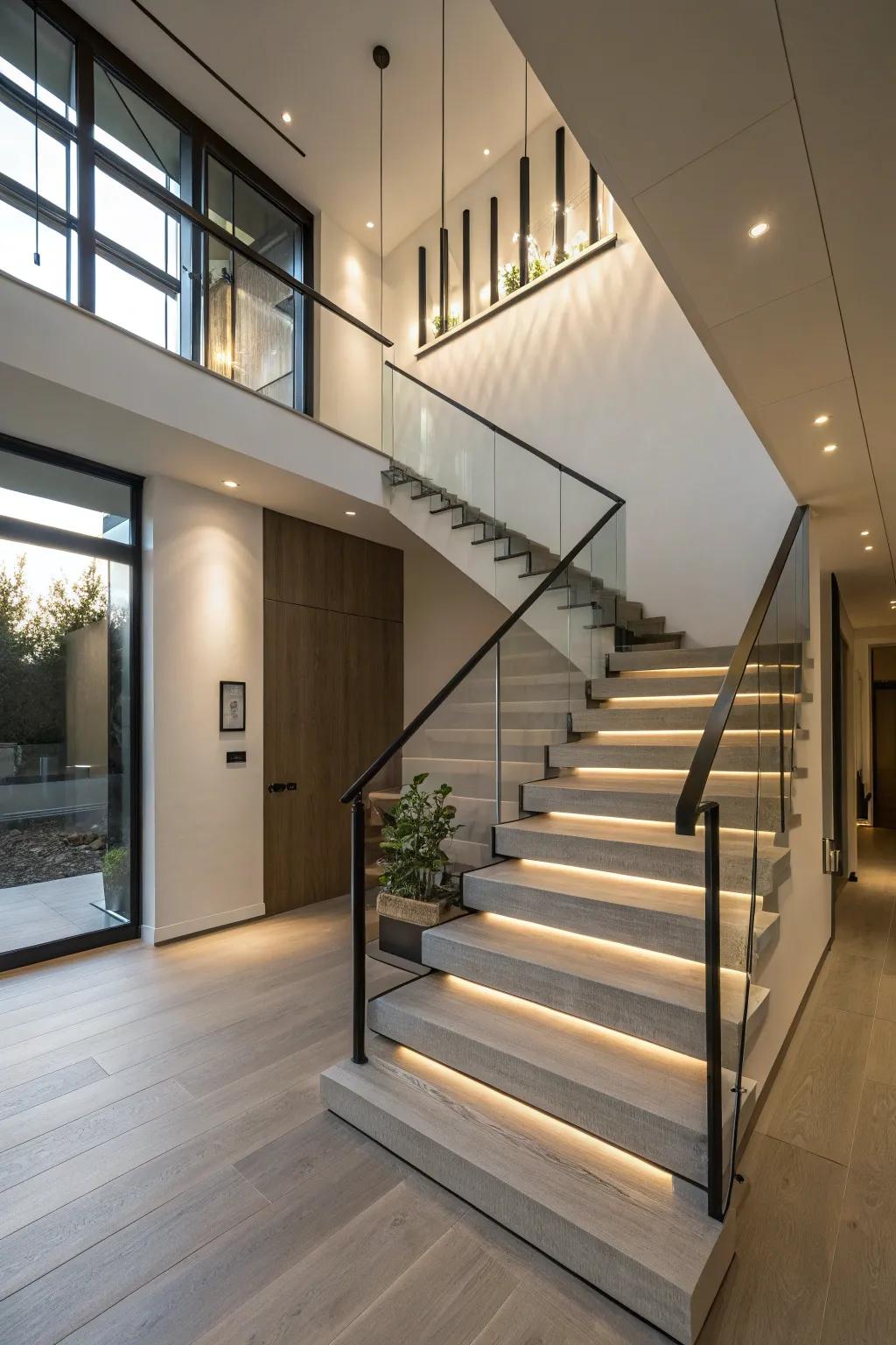 Concealed railings craft a drifting stairs illusion.