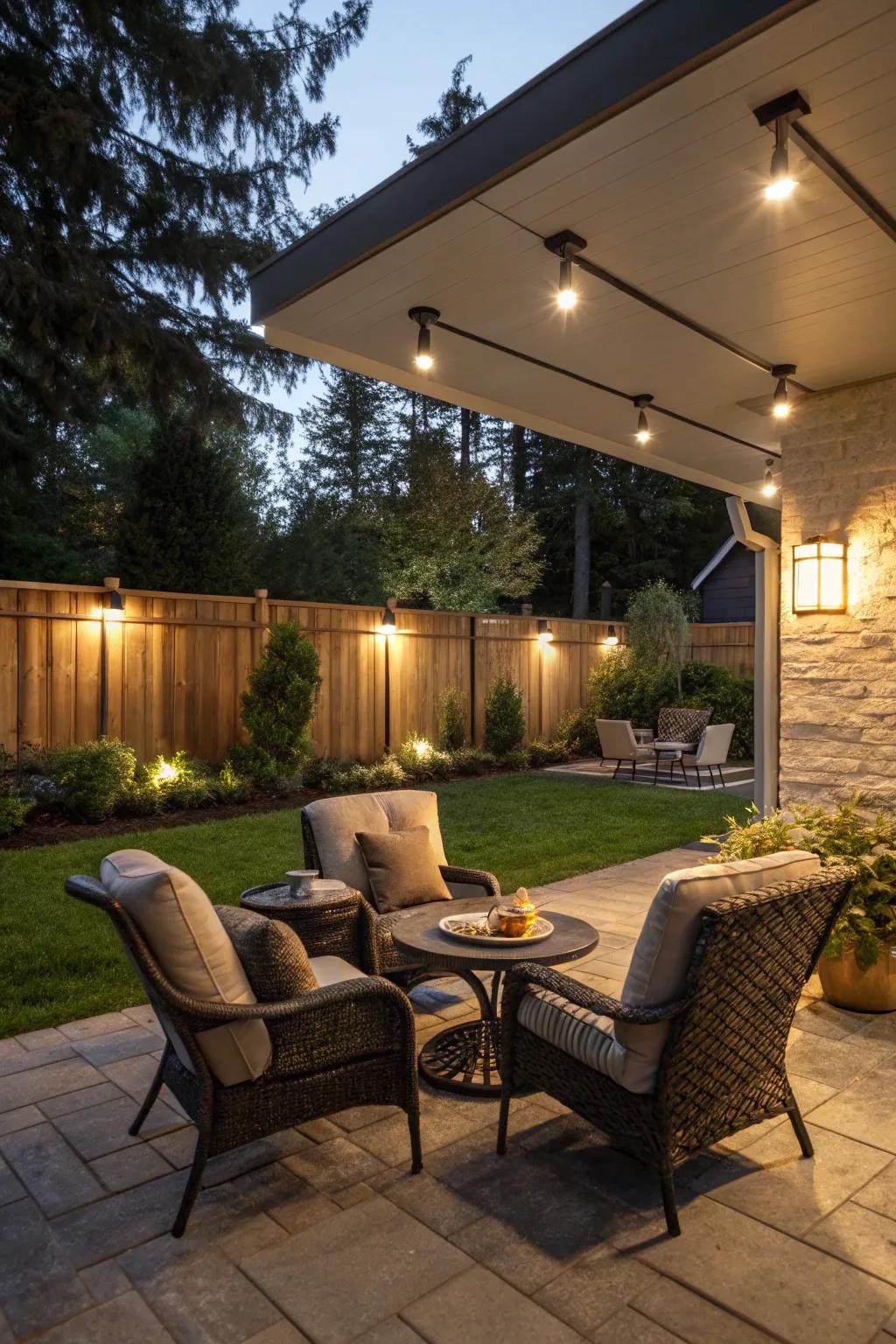 An outdoor space made magical with industrial LED wall sconce lighting