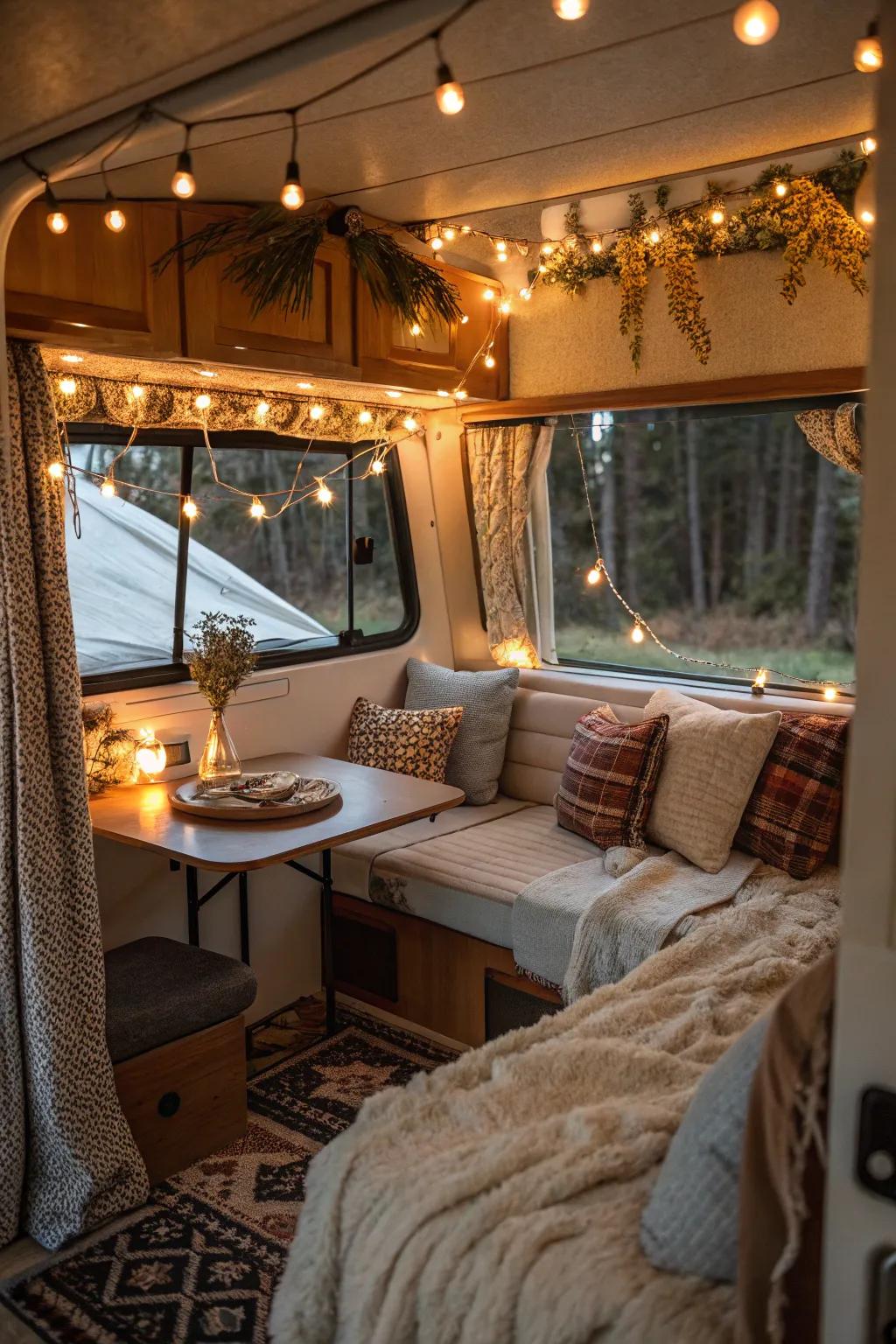 An engaging vibe with warm lighting and decorative elements.